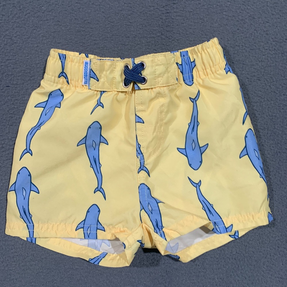 RuggedButts Baby Boy‎ Yellow Shark Print Swim Trunks Board Shorts 6-12M